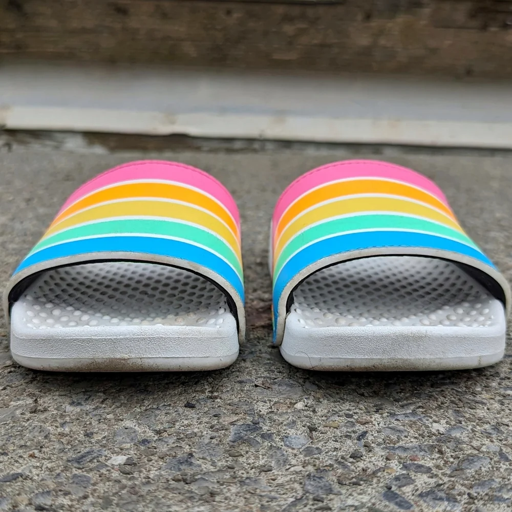 Victoria's Secret Pink Rainbow Stripes Logo Single Strap Slides Sandals - Picture 2 of 7
